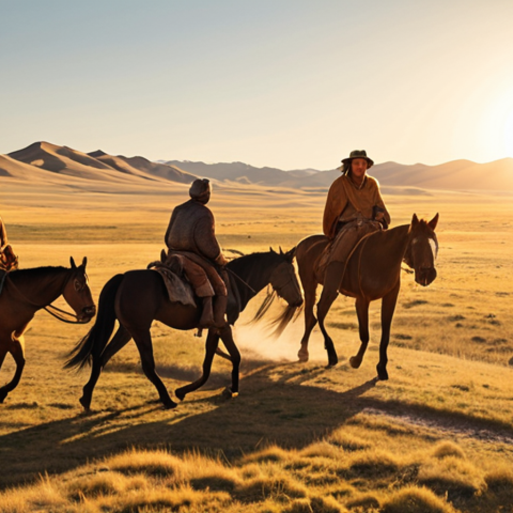 **A vast, sun-drenched Mongolian steppe with a group of travelers on horseback, showcasing the endurance of Mongolian horses. Focus on the landscape and the connection between the riders and their mounts. Golden hour lighting.**