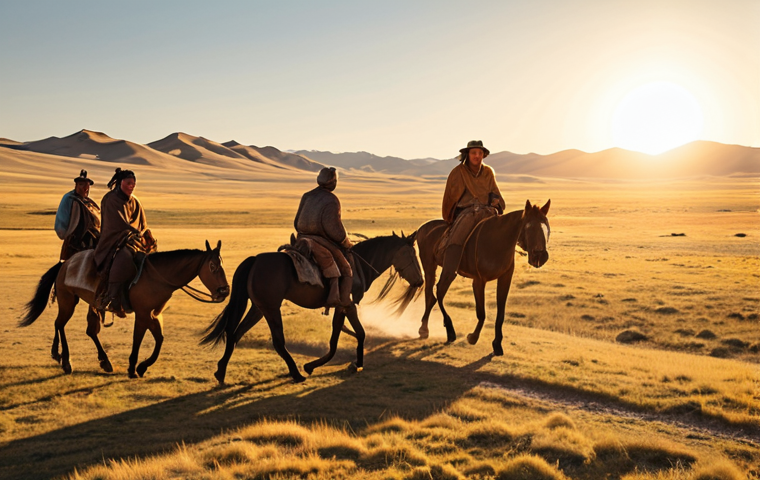**A vast, sun-drenched Mongolian steppe with a group of travelers on horseback, showcasing the endurance of Mongolian horses. Focus on the landscape and the connection between the riders and their mounts. Golden hour lighting.**