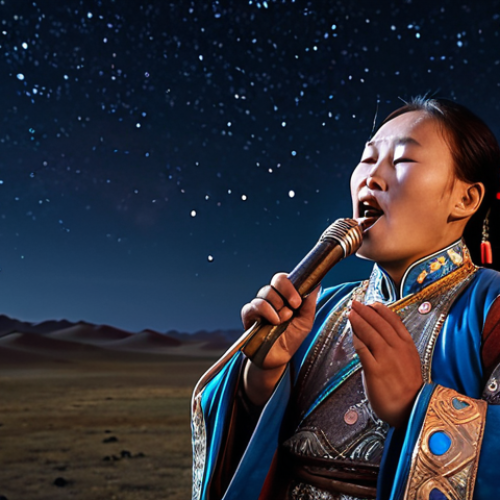 **Image:** A Mongolian throat singer (khoomii artist) performing under a starry sky in the Mongolian steppe. The image should evoke a mystical and historical feeling.