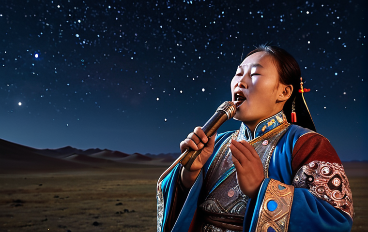 **Image:** A Mongolian throat singer (khoomii artist) performing under a starry sky in the Mongolian steppe. The image should evoke a mystical and historical feeling.