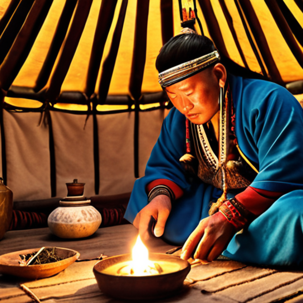 **A Mongolian shaman in traditional garb performing a healing ritual with herbal infusions in a yurt. Golden hour lighting, mystical atmosphere, focus on the shaman's hands.**