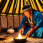 **A Mongolian shaman in traditional garb performing a healing ritual with herbal infusions in a yurt. Golden hour lighting, mystical atmosphere, focus on the shaman's hands.**