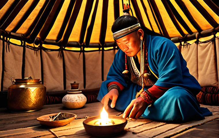 **A Mongolian shaman in traditional garb performing a healing ritual with herbal infusions in a yurt. Golden hour lighting, mystical atmosphere, focus on the shaman's hands.**