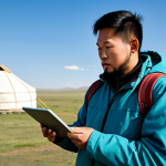 A male traveler in his 30s, wearing modest and durable outdoor clothing, stands on a vast, open Mongolian steppe. He is holding a tablet displaying an offline map, intently reviewing his route with a focused expression. In the background, a traditional Mongolian ger (yurt) camp is visible under a clear, expansive sky, conveying a sense of self-reliance and exploration. Fully clothed, appropriate attire, professional dress, safe for work, appropriate content, family-friendly. Perfect anatomy, correct proportions, natural pose, well-formed hands, proper finger count, natural body proportions, high-quality professional photography.