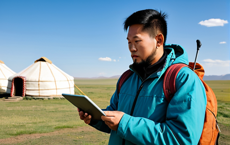 A male traveler in his 30s, wearing modest and durable outdoor clothing, stands on a vast, open Mongolian steppe. He is holding a tablet displaying an offline map, intently reviewing his route with a focused expression. In the background, a traditional Mongolian ger (yurt) camp is visible under a clear, expansive sky, conveying a sense of self-reliance and exploration. Fully clothed, appropriate attire, professional dress, safe for work, appropriate content, family-friendly. Perfect anatomy, correct proportions, natural pose, well-formed hands, proper finger count, natural body proportions, high-quality professional photography.