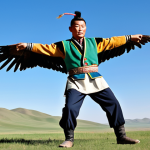 Traditional Bökh Wrestler in Eagle Dance**

A powerful male Mongolian Bökh wrestler, mid-action, performing the traditional `devekh` (eagle dance). He is wearing a fully clothed and modestly adapted traditional Mongolian wrestling outfit, featuring a characteristic vest and short shorts in earthy tones, along with distinctive leather boots. His arms are outstretched like wings in a dynamic yet natural pose, symbolizing strength and grace. The scene is set on a vast, green Mongolian steppe under a clear, expansive blue sky, with gentle rolling hills in the background. The sunlight highlights the texture of his professional attire and the natural landscape. Perfect anatomy, correct proportions, well-formed hands, proper finger count, natural body proportions, high-quality professional photography, safe for work, appropriate content, fully clothed, modest clothing, family-friendly.

**
