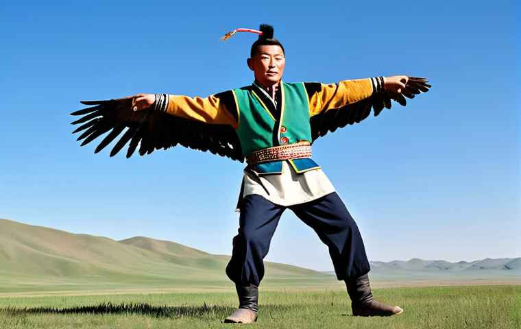 Traditional Bökh Wrestler in Eagle Dance**
A powerful male Mongolian Bökh wrestler, mid-action, performing the traditional `devekh` (eagle dance). He is wearing a fully clothed and modestly adapted traditional Mongolian wrestling outfit, featuring a characteristic vest and short shorts in earthy tones, along with distinctive leather boots. His arms are outstretched like wings in a dynamic yet natural pose, symbolizing strength and grace. The scene is set on a vast, green Mongolian steppe under a clear, expansive blue sky, with gentle rolling hills in the background. The sunlight highlights the texture of his professional attire and the natural landscape. Perfect anatomy, correct proportions, well-formed hands, proper finger count, natural body proportions, high-quality professional photography, safe for work, appropriate content, fully clothed, modest clothing, family-friendly.
**