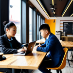 A vibrant scene inside a modern, minimalist coffee shop in Ulaanbaatar, Mongolia. Young Mongolian professionals and students are seated at sleek wooden tables, focused on laptops or engaged in conversation, enjoying their coffee. They are fully clothed in contemporary, modest business casual attire. Baristas, also in professional dress, prepare high-quality coffee drinks at a stylish counter. The atmosphere is bright, clean, and inviting. The shop features large windows showing a glimpse of urban Ulaanbaatar. fully clothed, appropriate attire, safe for work, appropriate content, professional, perfect anatomy, correct proportions, natural pose, well-formed hands, proper finger count, natural body proportions, high quality.