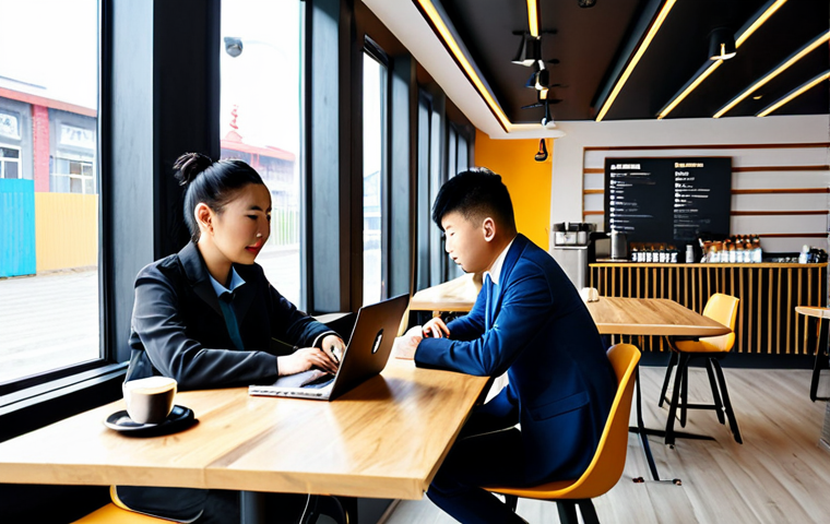 A vibrant scene inside a modern, minimalist coffee shop in Ulaanbaatar, Mongolia. Young Mongolian professionals and students are seated at sleek wooden tables, focused on laptops or engaged in conversation, enjoying their coffee. They are fully clothed in contemporary, modest business casual attire. Baristas, also in professional dress, prepare high-quality coffee drinks at a stylish counter. The atmosphere is bright, clean, and inviting. The shop features large windows showing a glimpse of urban Ulaanbaatar. fully clothed, appropriate attire, safe for work, appropriate content, professional, perfect anatomy, correct proportions, natural pose, well-formed hands, proper finger count, natural body proportions, high quality.